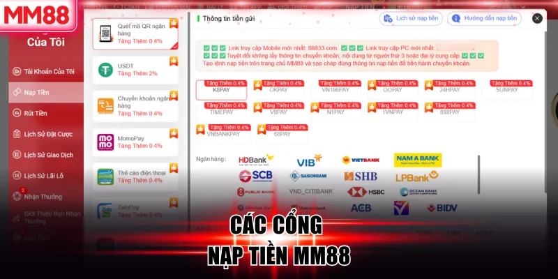 Các cổng nạp tiền MM88