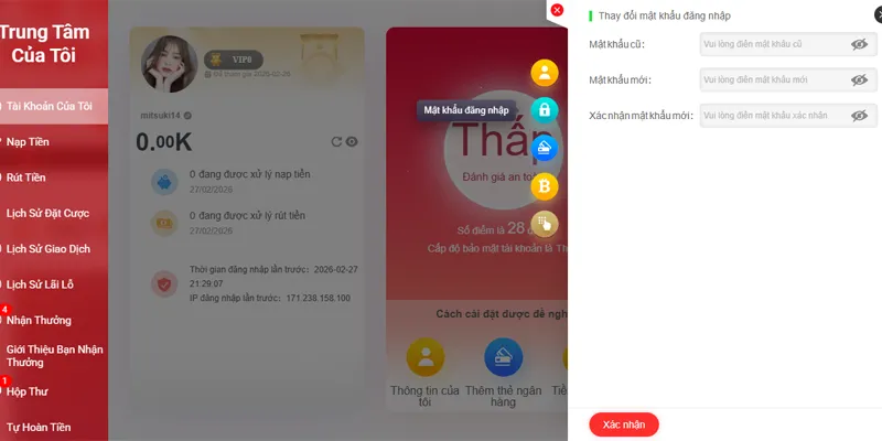 Giao diện đổi mật khẩu MM88 trên trang chủ – Thao tác đơn giản chỉ trong 30 giây.