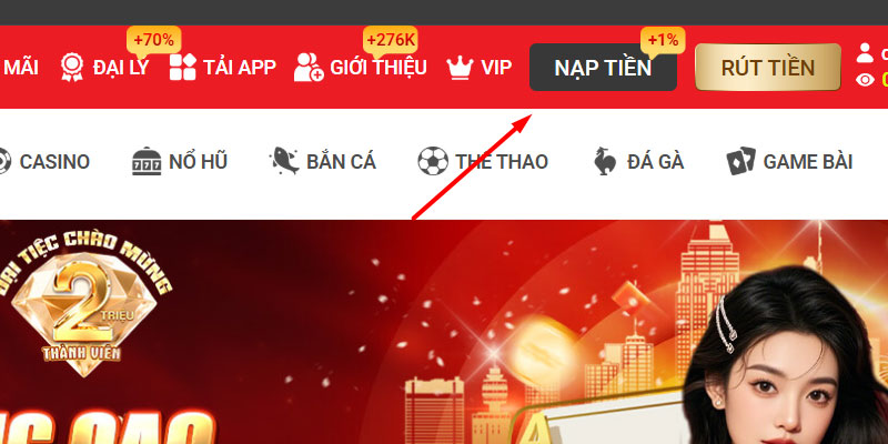 Chọn mục nạp tiền phía trên góc phải trang MM88